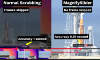 Normal scrubbing skips frames; MagnifySlider lands on the exact frame